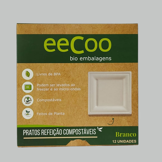Kit Pratos Quadrados de Refeição 20x20 cm para festas Biodegradáveis e Compostáveis (12 unidades)