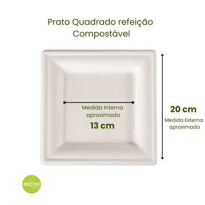 Prato refeição quadrado 20 x 20 cm biodegradável e compostável - 50 un