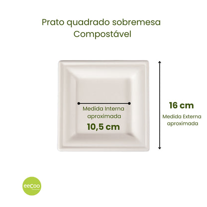 kit Pratos Quadrados de Sobremesa 16x16 cm – Biodegradáveis e Compostáveis (12 unidades)