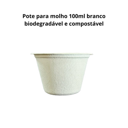 Kit Pote para molho com tampa 100ml branco biodegradável e compostável – 100 un