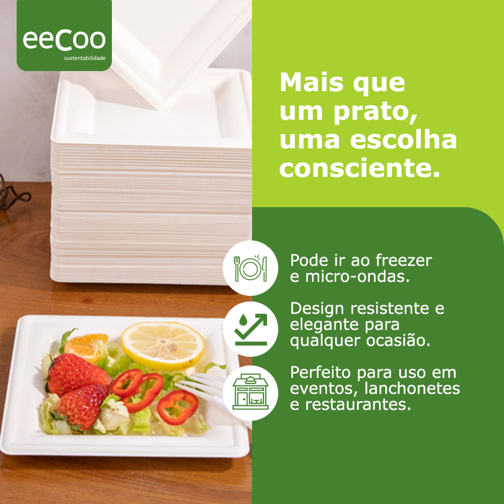 Prato refeição quadrado 20 x 20 cm biodegradável e compostável - 50 un
