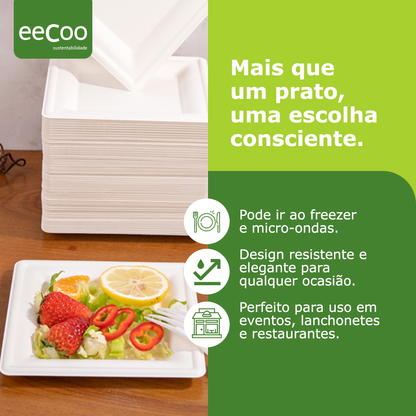 Prato refeição quadrado 20 x 20 cm biodegradável e compostável - 50 un