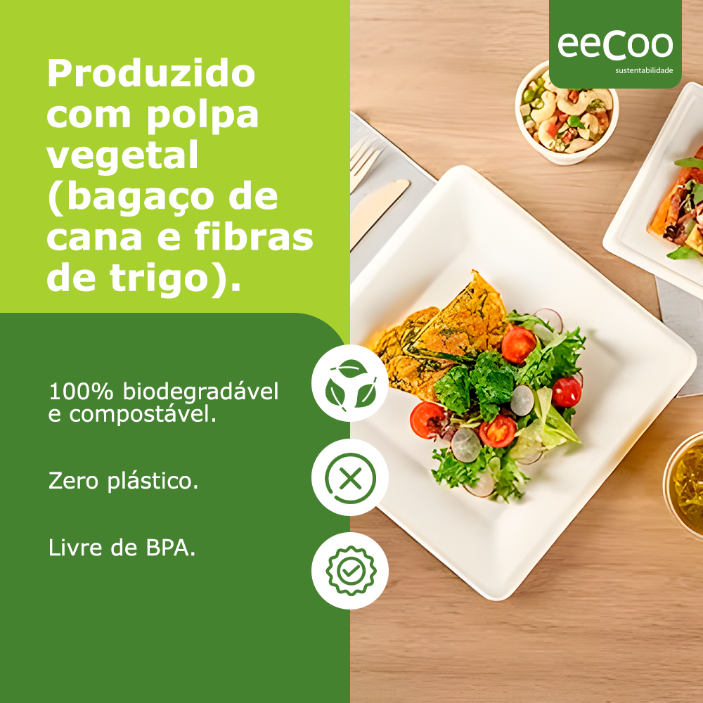 Prato refeição quadrado 20 x 20 cm biodegradável e compostável - 50 un