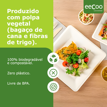 Prato refeição quadrado 20 x 20 cm biodegradável e compostável - 50 un