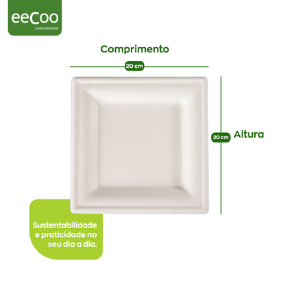 Prato refeição quadrado 20 x 20 cm biodegradável e compostável - 50 un
