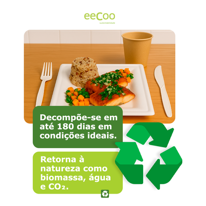 Prato refeição quadrado 20 x 20 cm biodegradável e compostável - 50 un