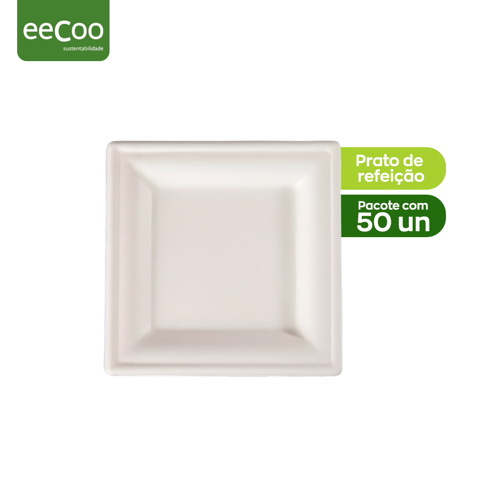 Prato refeição quadrado 20 x 20 cm biodegradável e compostável - 50 un
