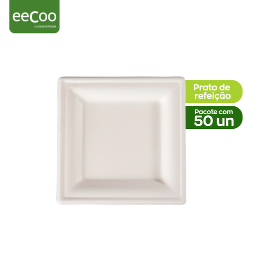 Prato refeição quadrado 20 x 20 cm biodegradável e compostável - 50 un
