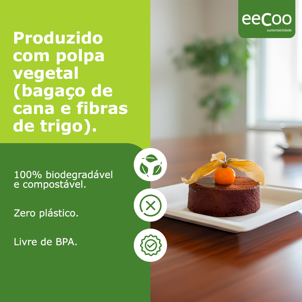 Prato sobremesa quadrado 16 x 16 cm biodegradável e compostável – 50 un