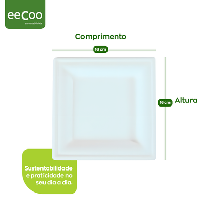 Prato sobremesa quadrado 16 x 16 cm biodegradável e compostável – 50 un