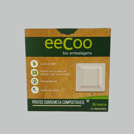 kit Pratos Quadrados de Sobremesa 16x16 cm – Biodegradáveis e Compostáveis (12 unidades)