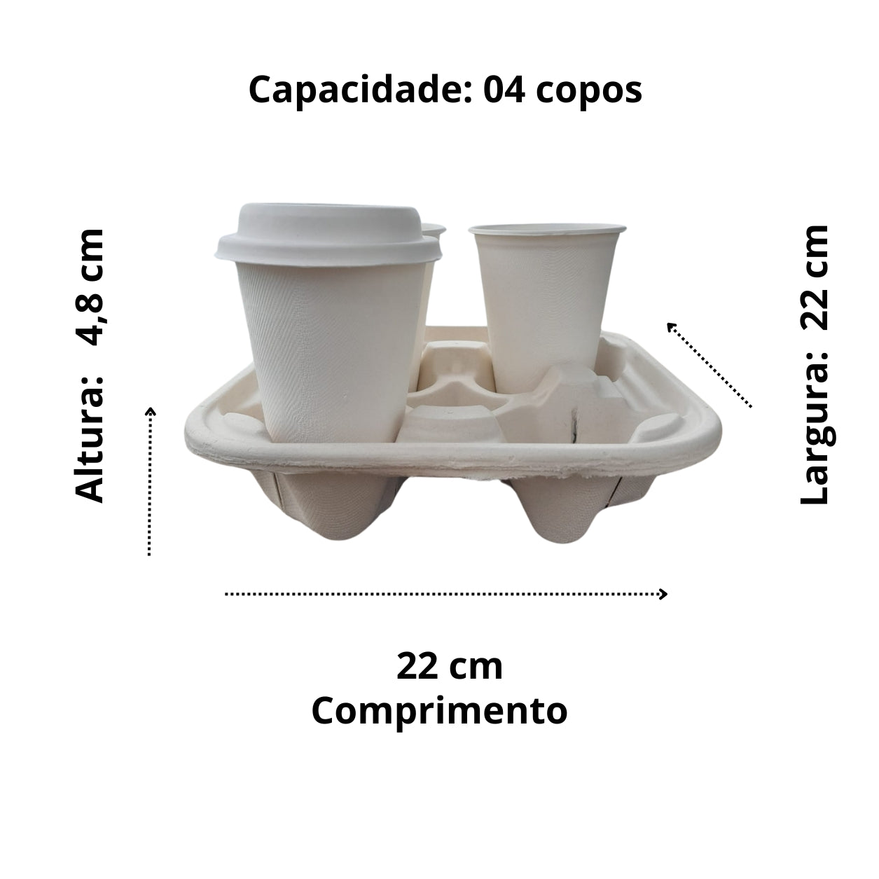 Suporte para 4 copos biodegradável e compostável - 75 un